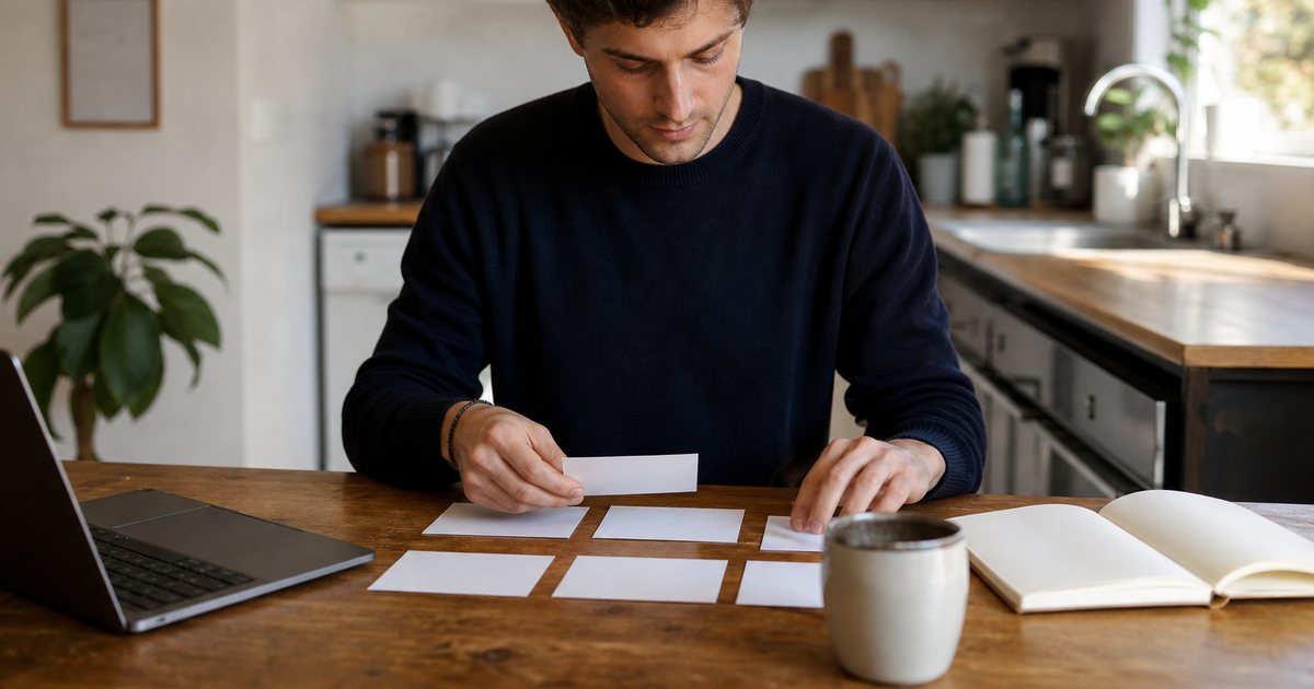 A young founder at a sunlit kitchen table arranging blank index cards beside a closed laptop, a mug of coffee and an open notebook nearby, shallow depth of field, no visible writing