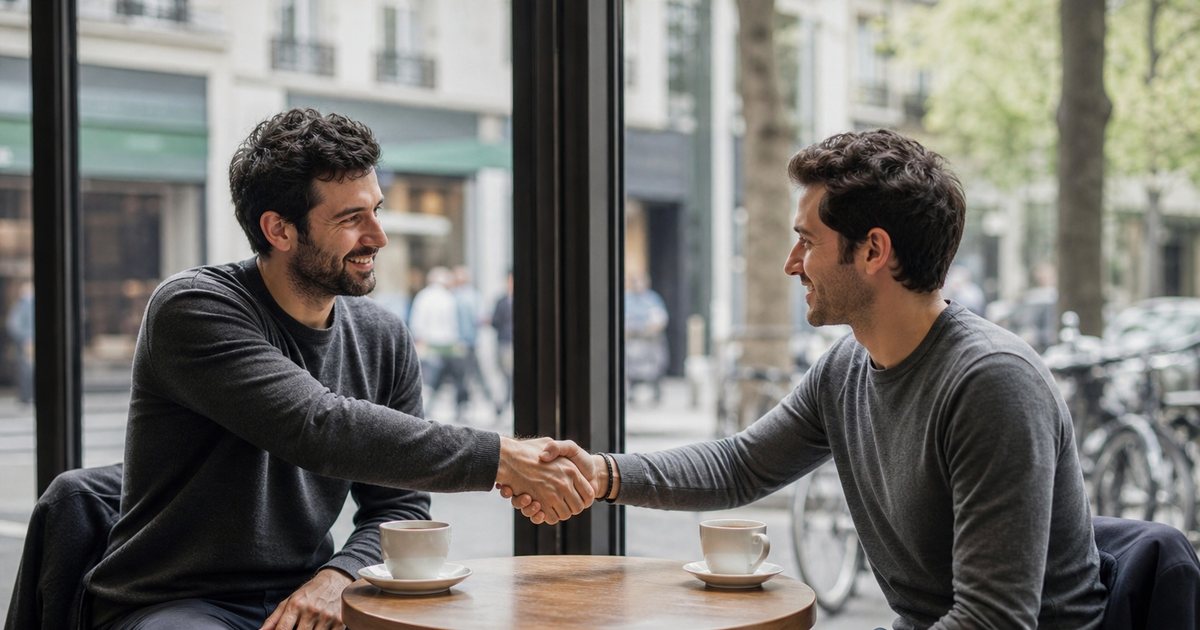 Two founders in their thirties shaking hands across a small round wooden table in a bright neighborhood cafe, tall windows with morning light, two empty coffee cups and a folded jacket on a chair, shallow depth of field