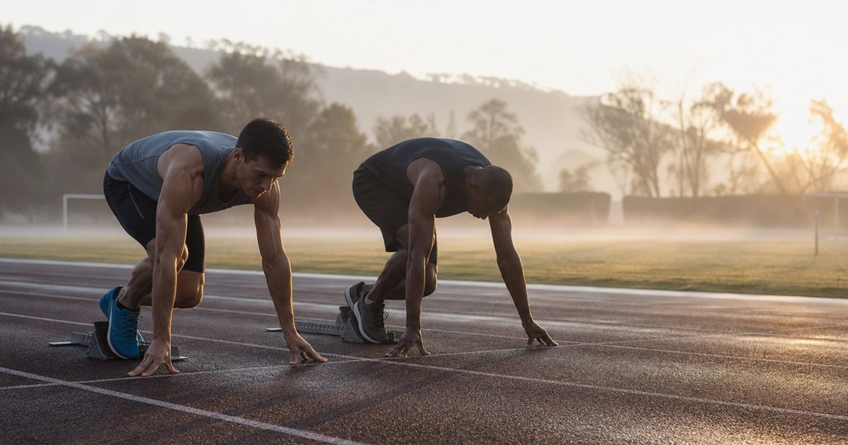 Two runners crouched in starting blocks on an outdoor track at dawn, mist over the infield, long shadows across the lanes, no visible lettering