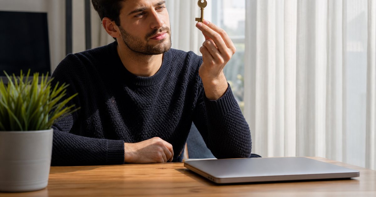 A young entrepreneur at a desk in a bright apartment holding a single brass key up to the light, closed laptop beside a potted plant, morning sun through sheer curtains