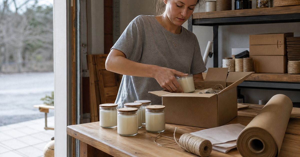 A woman packing handmade candles into a small shipping box at a workbench in a garage workshop, rolls of kraft paper and twine nearby, soft daylight from an open door