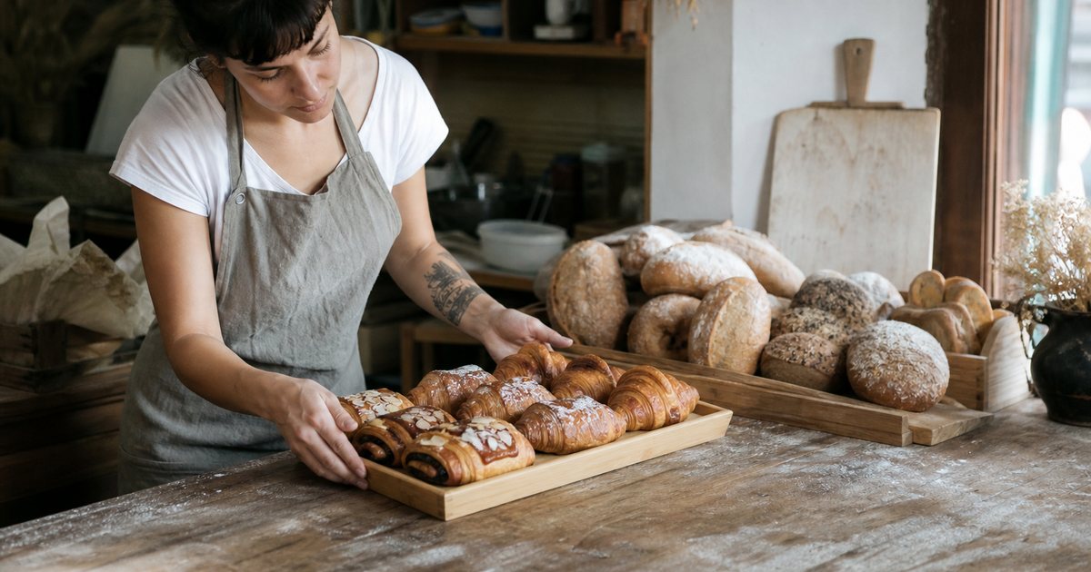 A small bakery owner arranging a new tray of pastries next to an existing display of bread loaves on a wooden counter, morning light, flour dusted on the surface, no signage visible