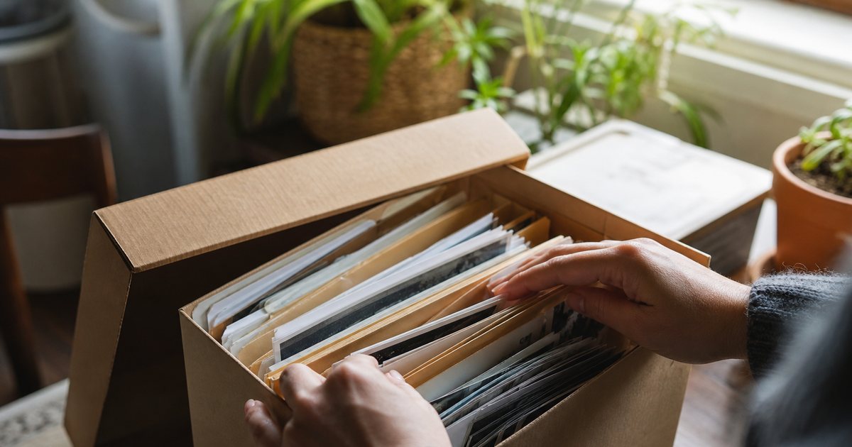 An open cardboard archive box on a desk holding folders of paper receipts and printed photographs, a person's hands sorting through them, natural window light, plants in the background