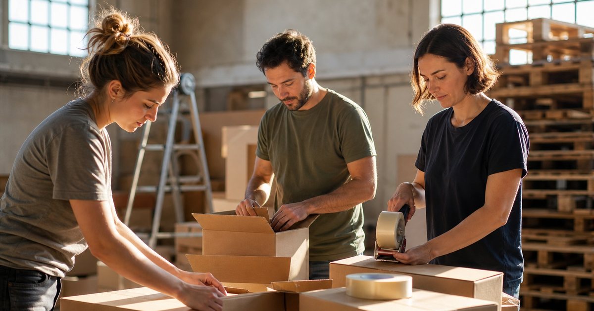 A small team of three unpacking plain kraft boxes and rolls of unmarked tape in a sunlit warehouse studio, wooden pallets and a metal stepladder nearby, warm late afternoon light through high windows
