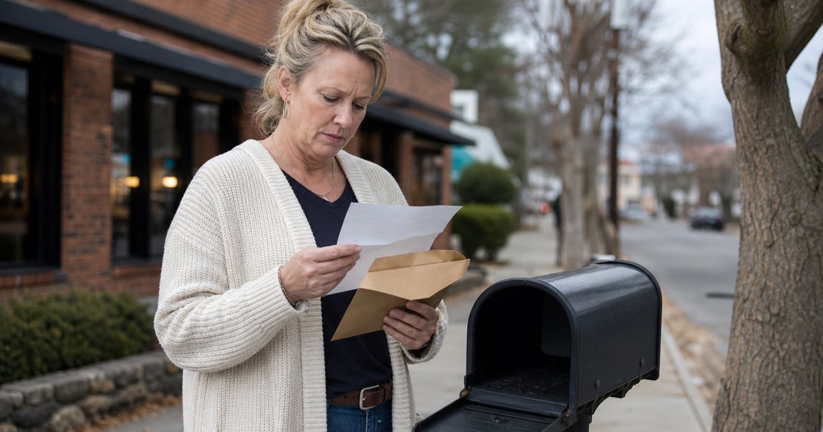 A small business owner standing at a mailbox on a quiet residential street holding an opened envelope and reading a folded letter, overcast daylight, brick storefront in the background
