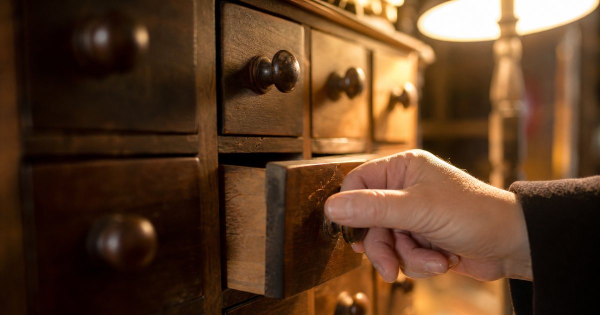An old wooden apothecary cabinet with many small unmarked drawers, a person's hand pulling one drawer open, warm light from a nearby lamp, shallow depth of field