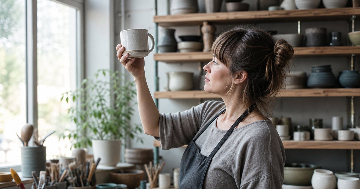 A ceramics maker in a small studio holding a finished mug up to inspect it beside a shelf of glazed pottery, afternoon light through a large window, tools on the workbench
